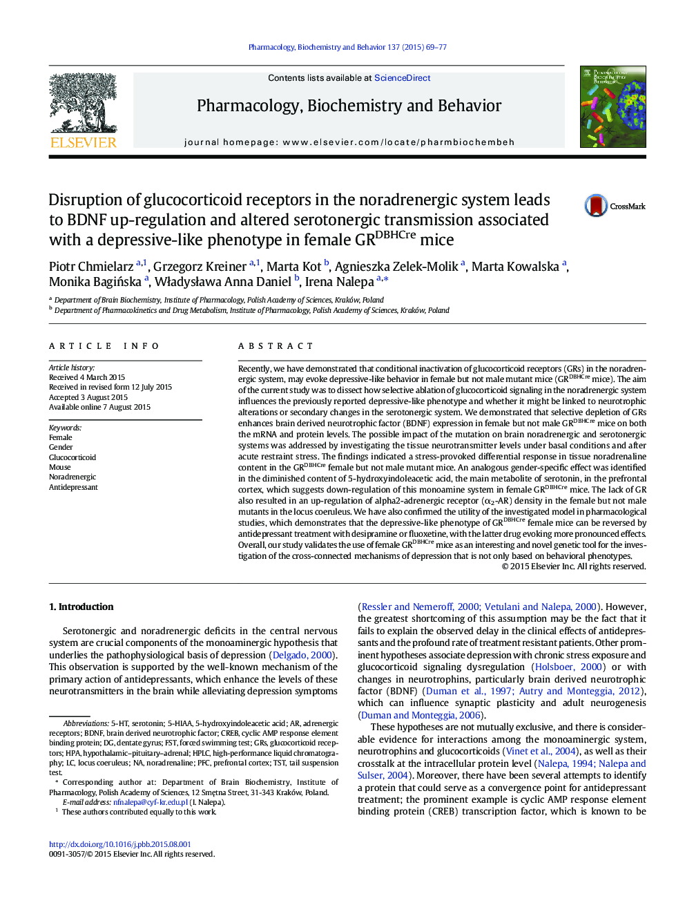 Disruption of glucocorticoid receptors in the noradrenergic system leads to BDNF up-regulation and altered serotonergic transmission associated with a depressive-like phenotype in female GRDBHCre mice