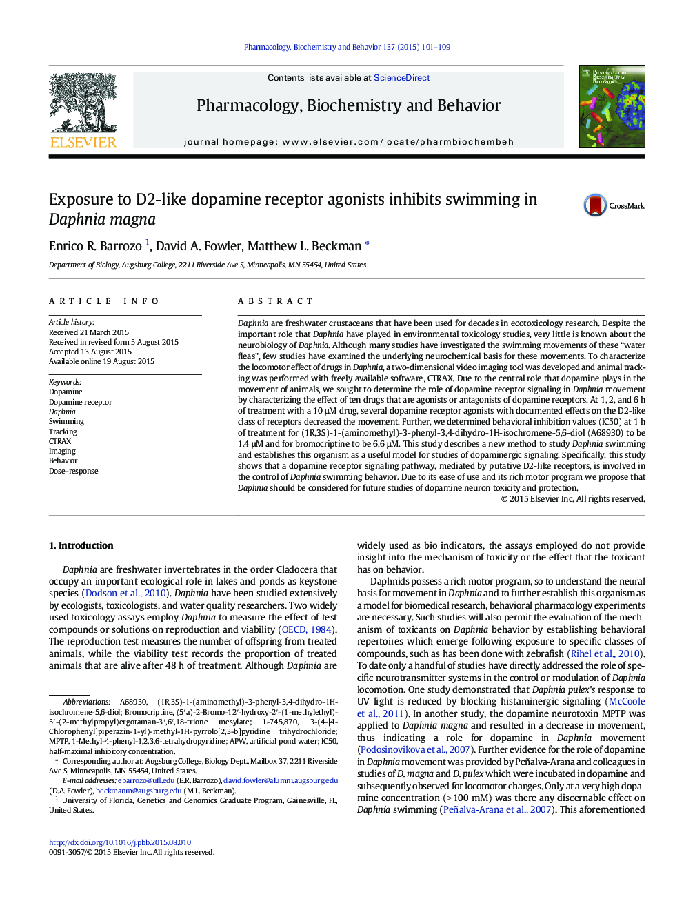 Exposure to D2-like dopamine receptor agonists inhibits swimming in Daphnia magna