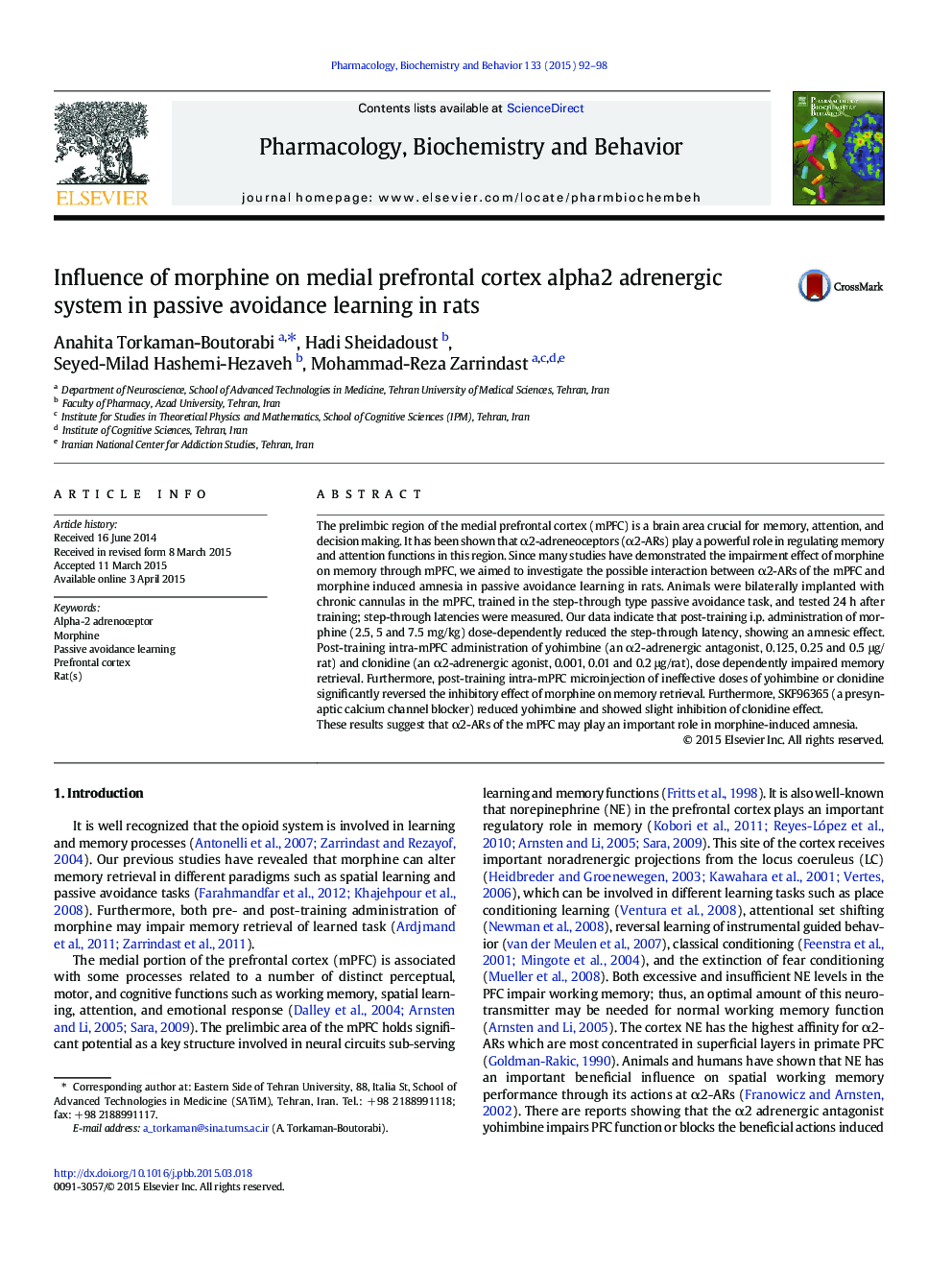 Influence of morphine on medial prefrontal cortex alpha2 adrenergic system in passive avoidance learning in rats