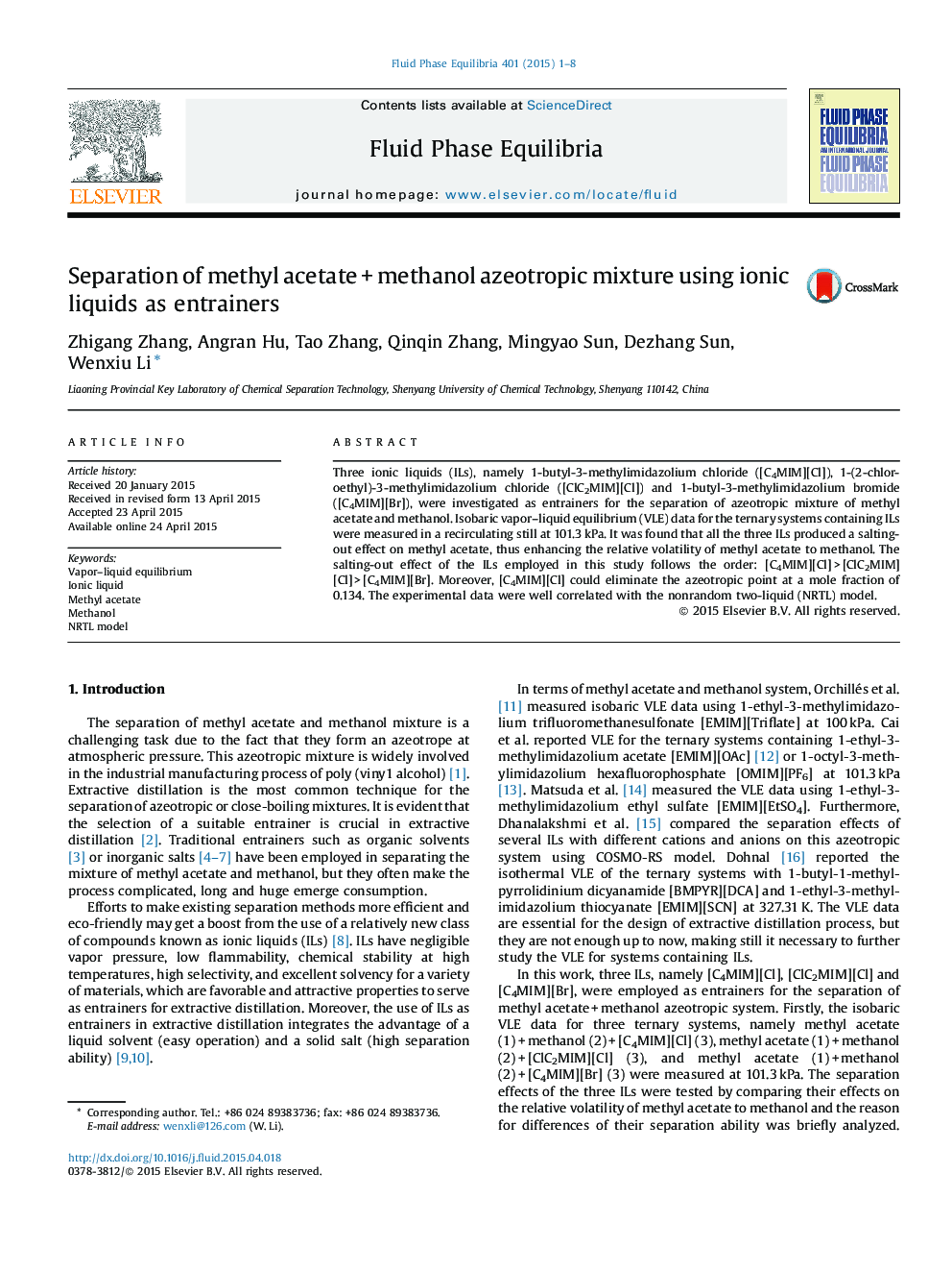 Separation of methyl acetate + methanol azeotropic mixture using ionic liquids as entrainers