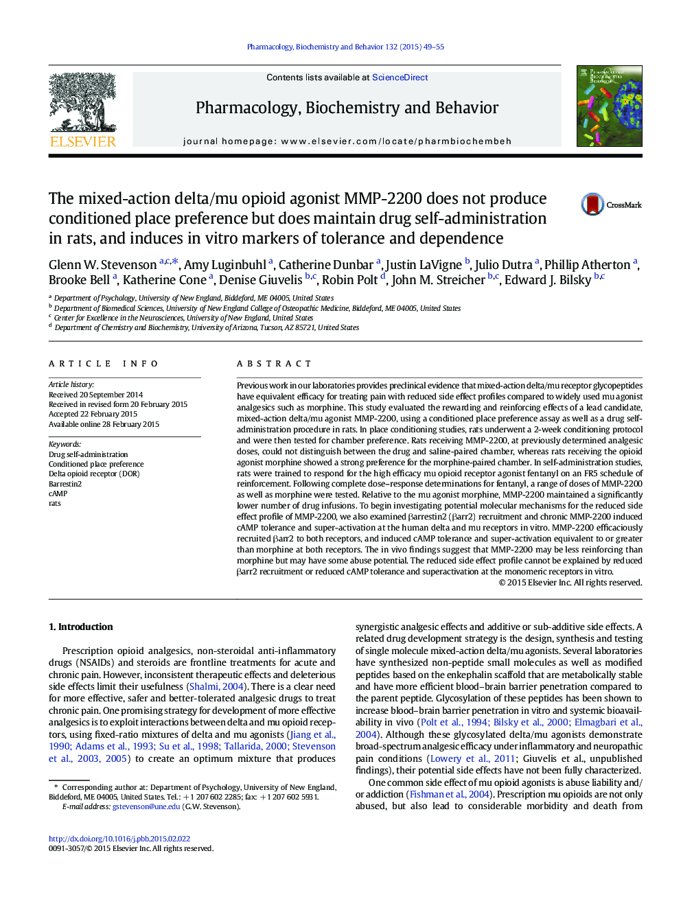 The mixed-action delta/mu opioid agonist MMP-2200 does not produce conditioned place preference but does maintain drug self-administration in rats, and induces in vitro markers of tolerance and dependence