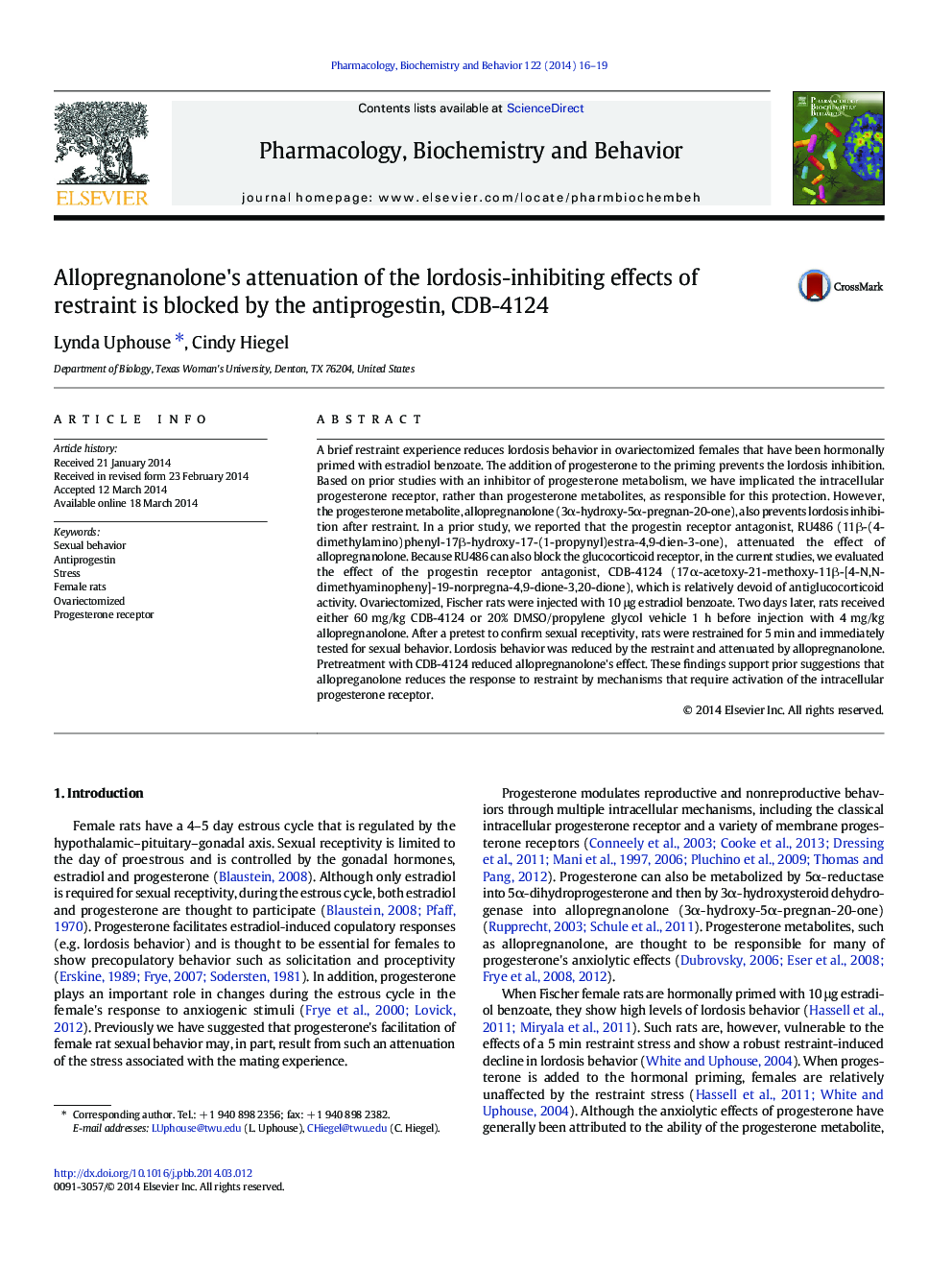 Allopregnanolone's attenuation of the lordosis-inhibiting effects of restraint is blocked by the antiprogestin, CDB-4124