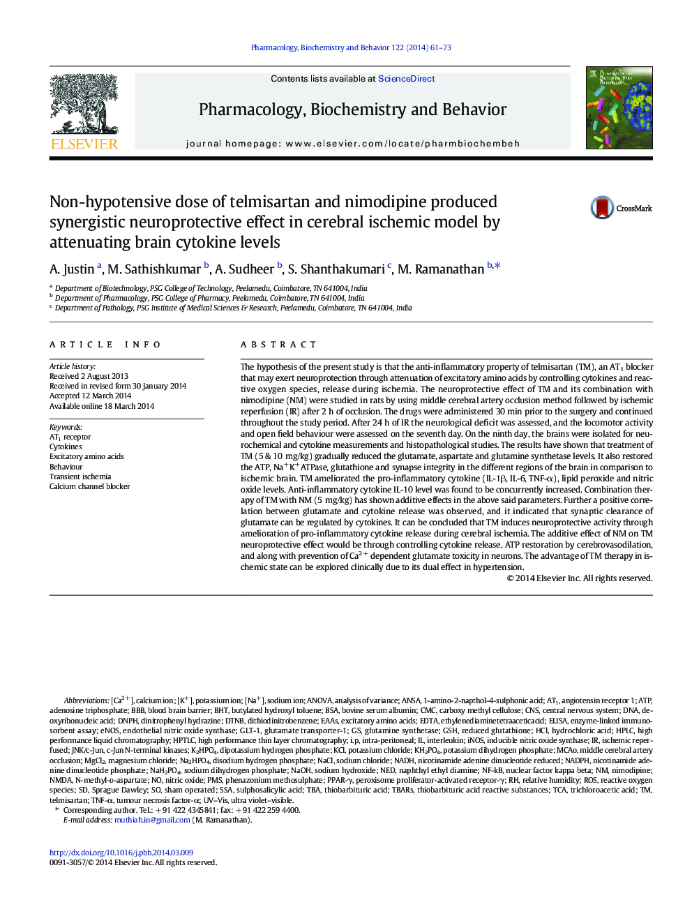 Non-hypotensive dose of telmisartan and nimodipine produced synergistic neuroprotective effect in cerebral ischemic model by attenuating brain cytokine levels