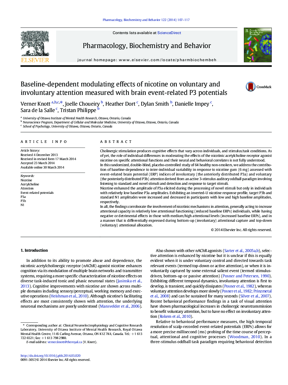 Baseline-dependent modulating effects of nicotine on voluntary and involuntary attention measured with brain event-related P3 potentials