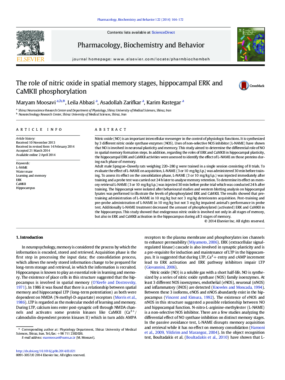 The role of nitric oxide in spatial memory stages, hippocampal ERK and CaMKII phosphorylation