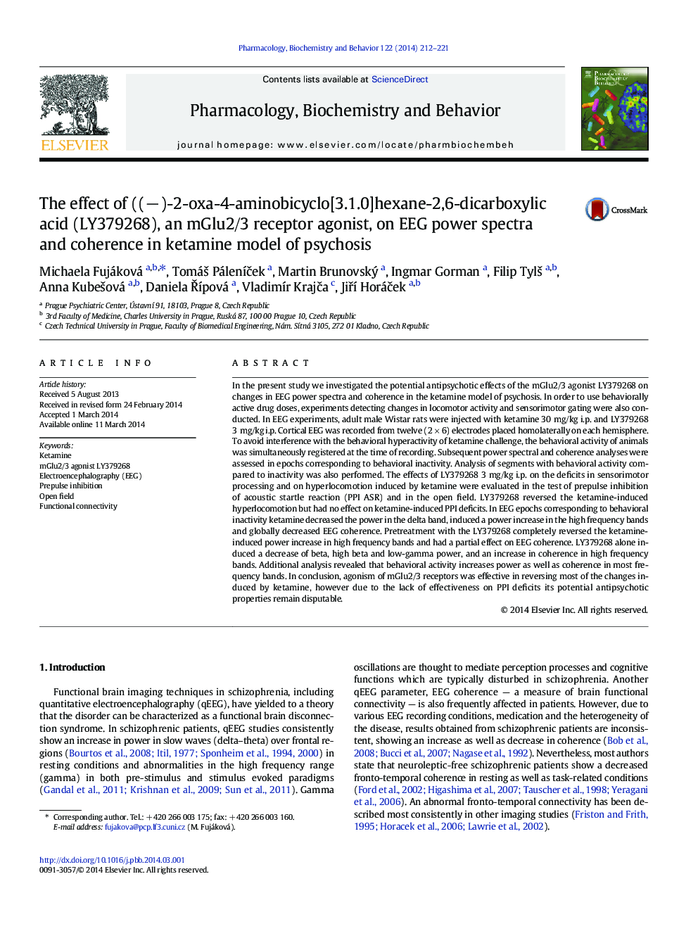 The effect of ((−)-2-oxa-4-aminobicyclo[3.1.0]hexane-2,6-dicarboxylic acid (LY379268), an mGlu2/3 receptor agonist, on EEG power spectra and coherence in ketamine model of psychosis