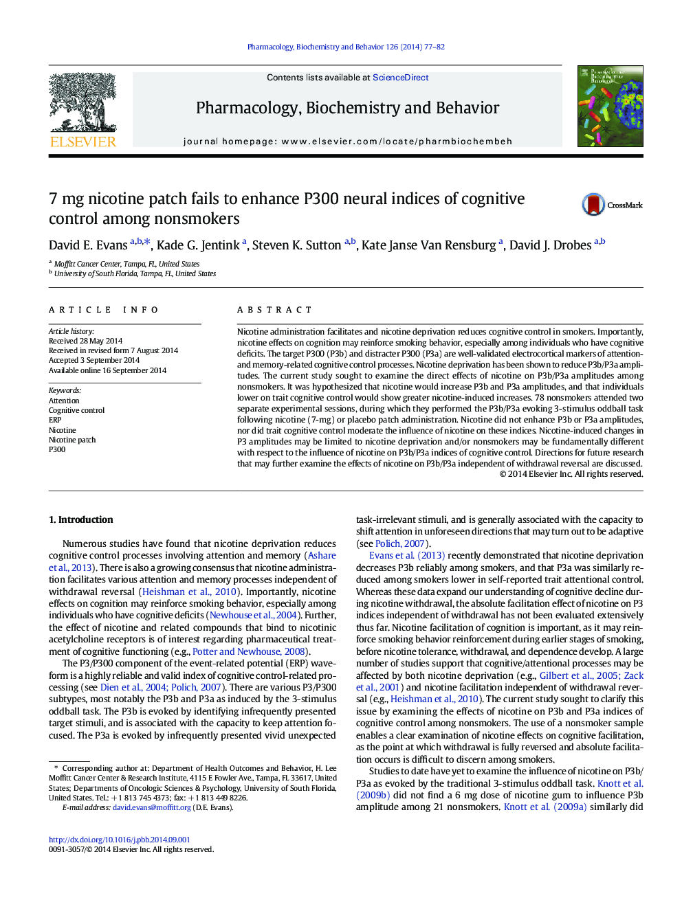 7 mg nicotine patch fails to enhance P300 neural indices of cognitive control among nonsmokers