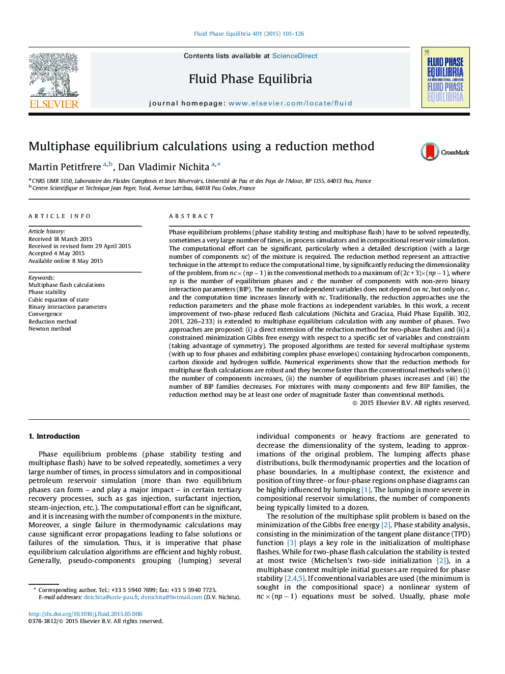 Multiphase equilibrium calculations using a reduction method