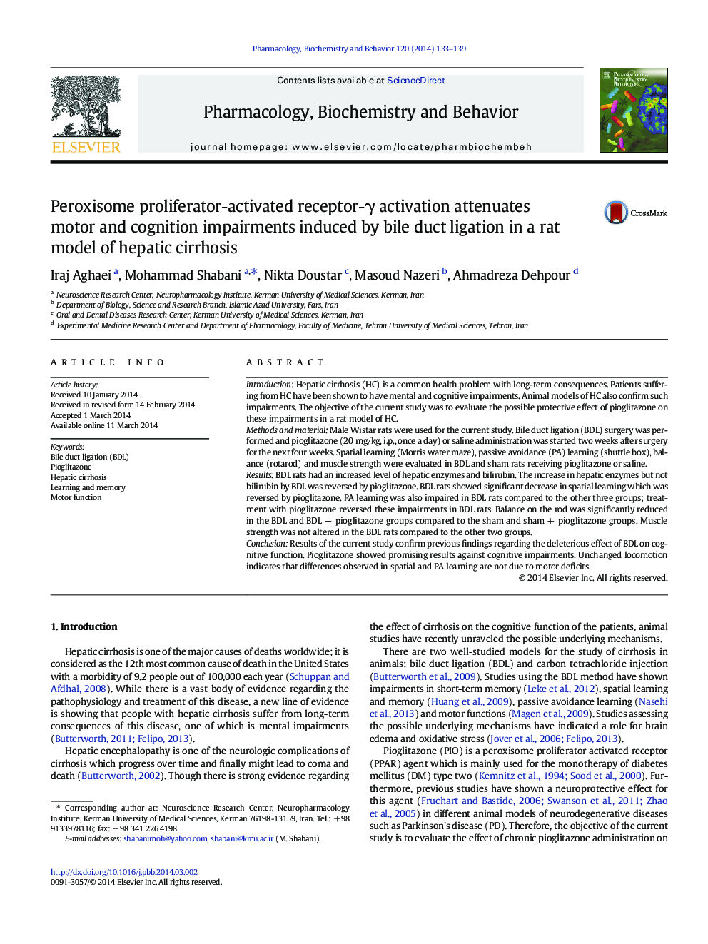 Peroxisome proliferator-activated receptor-γ activation attenuates motor and cognition impairments induced by bile duct ligation in a rat model of hepatic cirrhosis