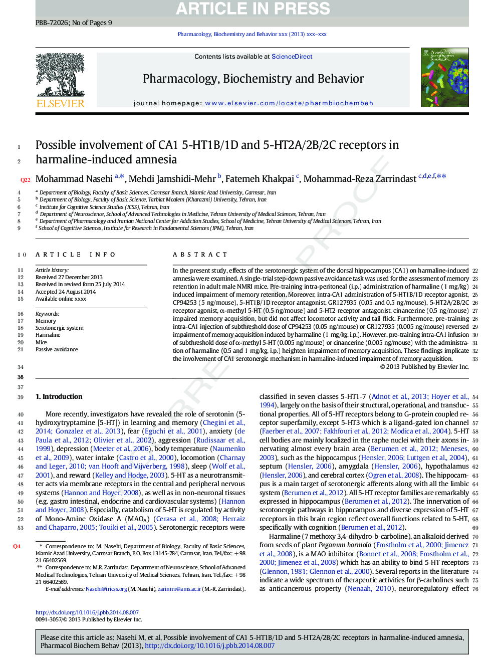 Possible involvement of CA1 5-HT1B/1D and 5-HT2A/2B/2C receptors in harmaline-induced amnesia