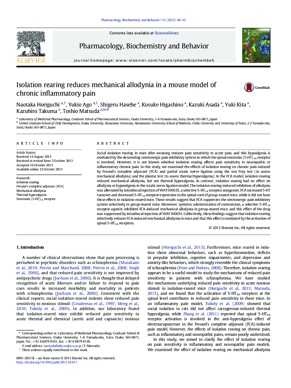 Isolation rearing reduces mechanical allodynia in a mouse model of chronic inflammatory pain