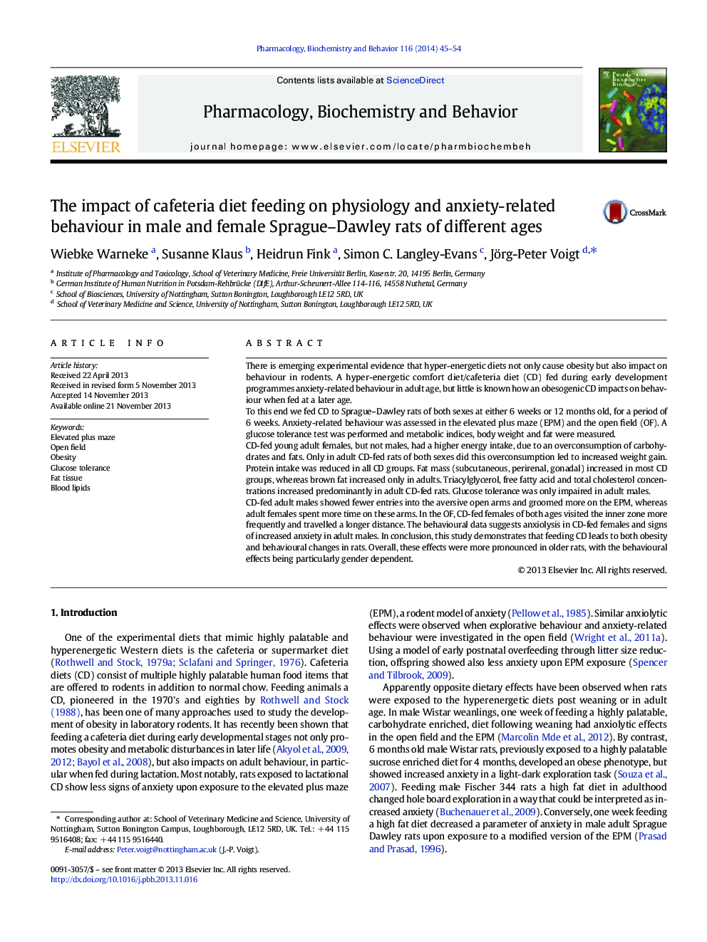 The impact of cafeteria diet feeding on physiology and anxiety-related behaviour in male and female Sprague-Dawley rats of different ages