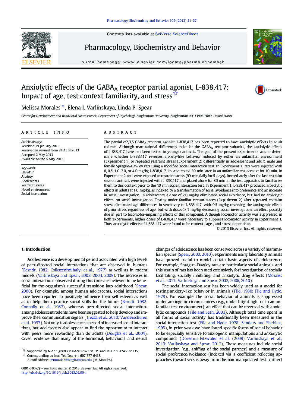 Anxiolytic effects of the GABAA receptor partial agonist, L-838,417: Impact of age, test context familiarity, and stress 