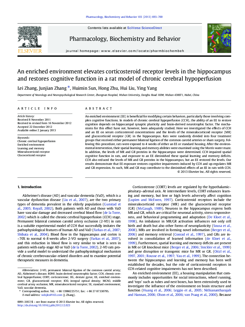 An enriched environment elevates corticosteroid receptor levels in the hippocampus and restores cognitive function in a rat model of chronic cerebral hypoperfusion