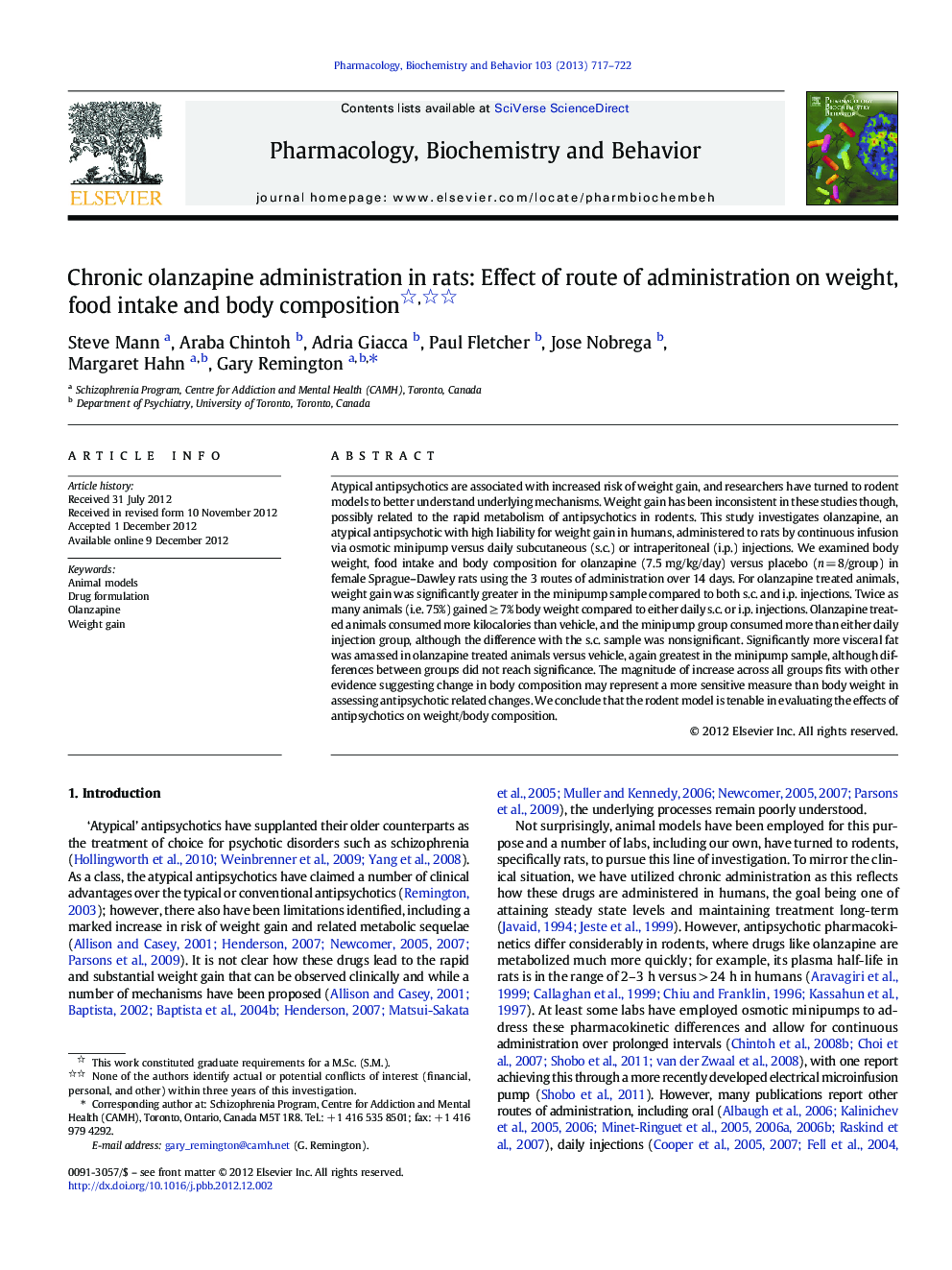 Chronic olanzapine administration in rats: Effect of route of administration on weight, food intake and body composition 