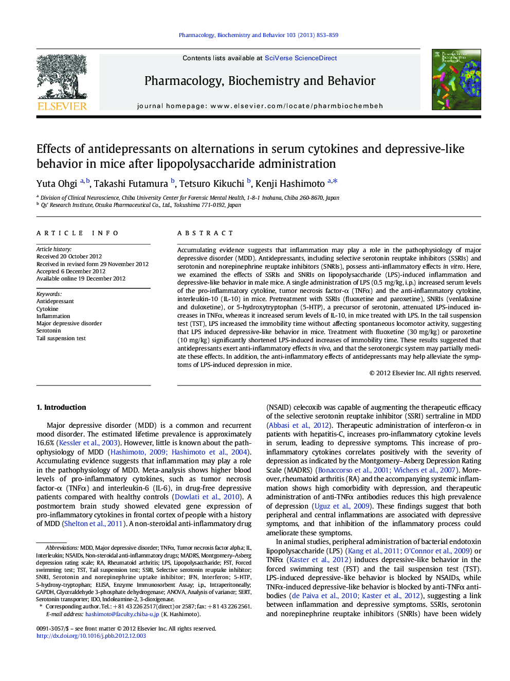 Effects of antidepressants on alternations in serum cytokines and depressive-like behavior in mice after lipopolysaccharide administration