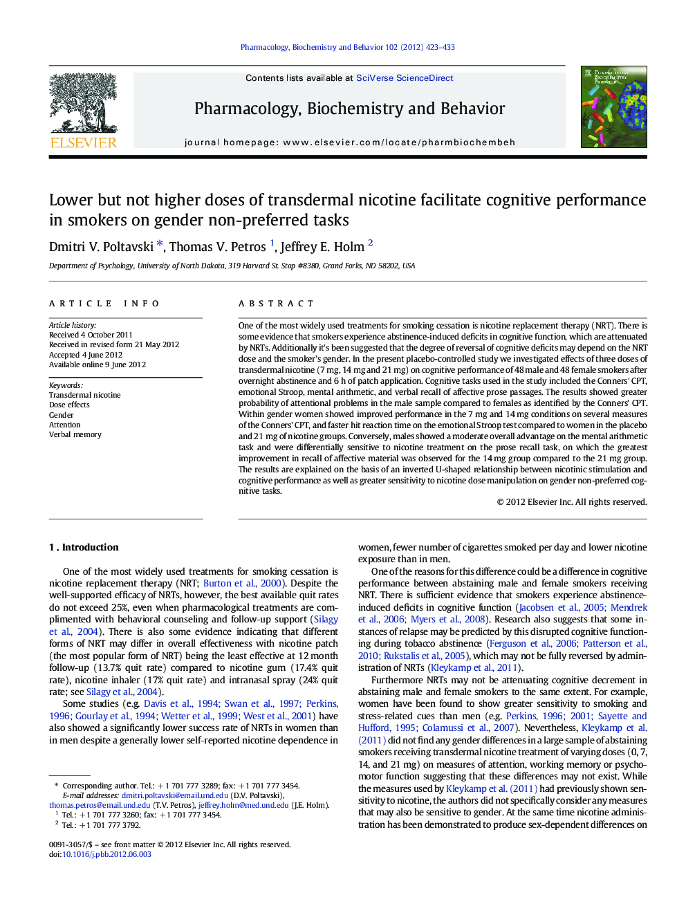 Lower but not higher doses of transdermal nicotine facilitate cognitive performance in smokers on gender non-preferred tasks