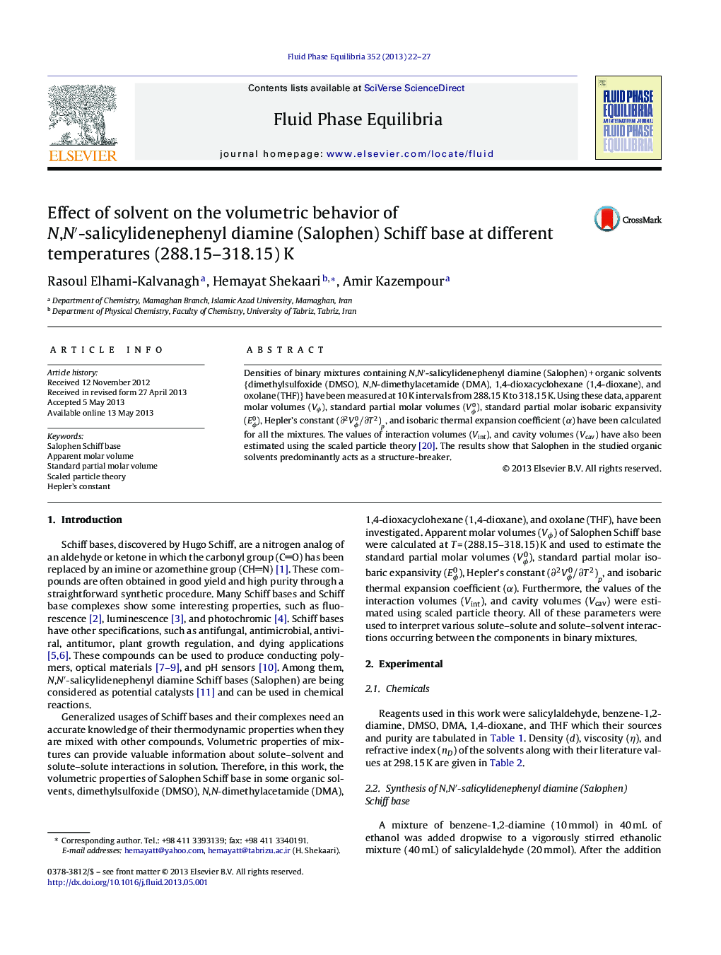 Effect of solvent on the volumetric behavior of N,N′-salicylidenephenyl diamine (Salophen) Schiff base at different temperatures (288.15–318.15) K