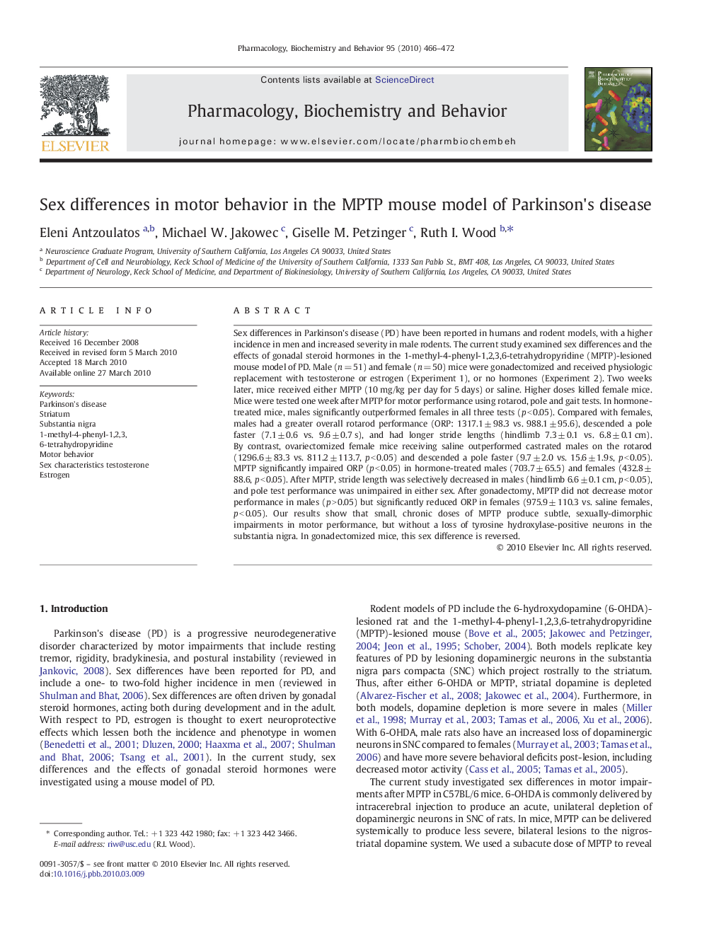 Sex differences in motor behavior in the MPTP mouse model of Parkinson's disease