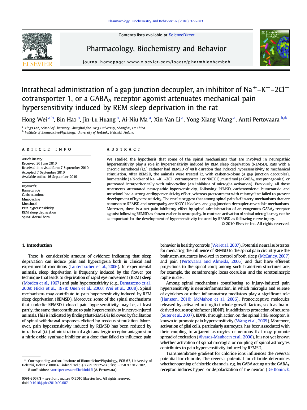 Intrathecal administration of a gap junction decoupler, an inhibitor of Na+–K+–2Cl− cotransporter 1, or a GABAA receptor agonist attenuates mechanical pain hypersensitivity induced by REM sleep deprivation in the rat