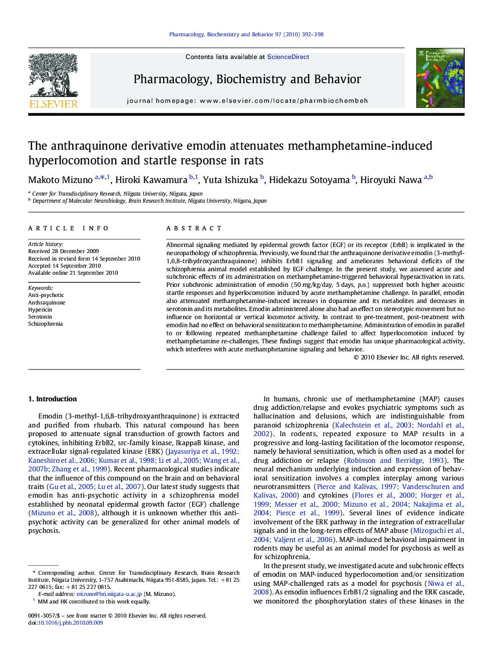 The anthraquinone derivative emodin attenuates methamphetamine-induced hyperlocomotion and startle response in rats