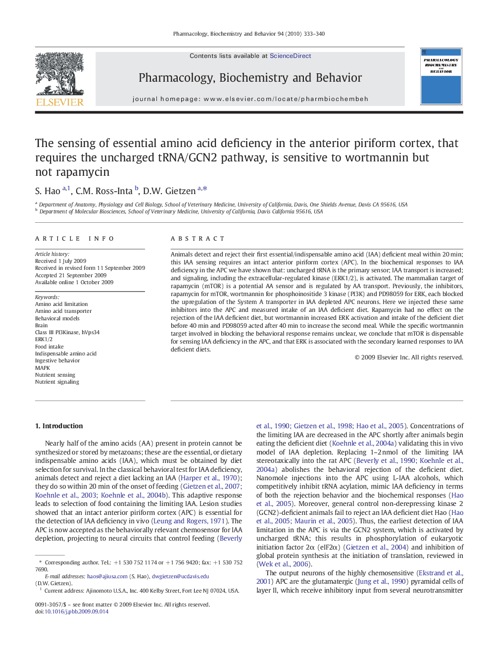 The sensing of essential amino acid deficiency in the anterior piriform cortex, that requires the uncharged tRNA/GCN2 pathway, is sensitive to wortmannin but not rapamycin