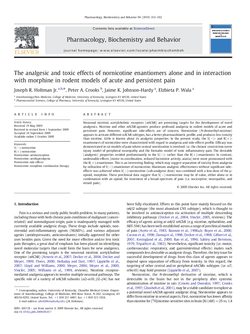 The analgesic and toxic effects of nornicotine enantiomers alone and in interaction with morphine in rodent models of acute and persistent pain