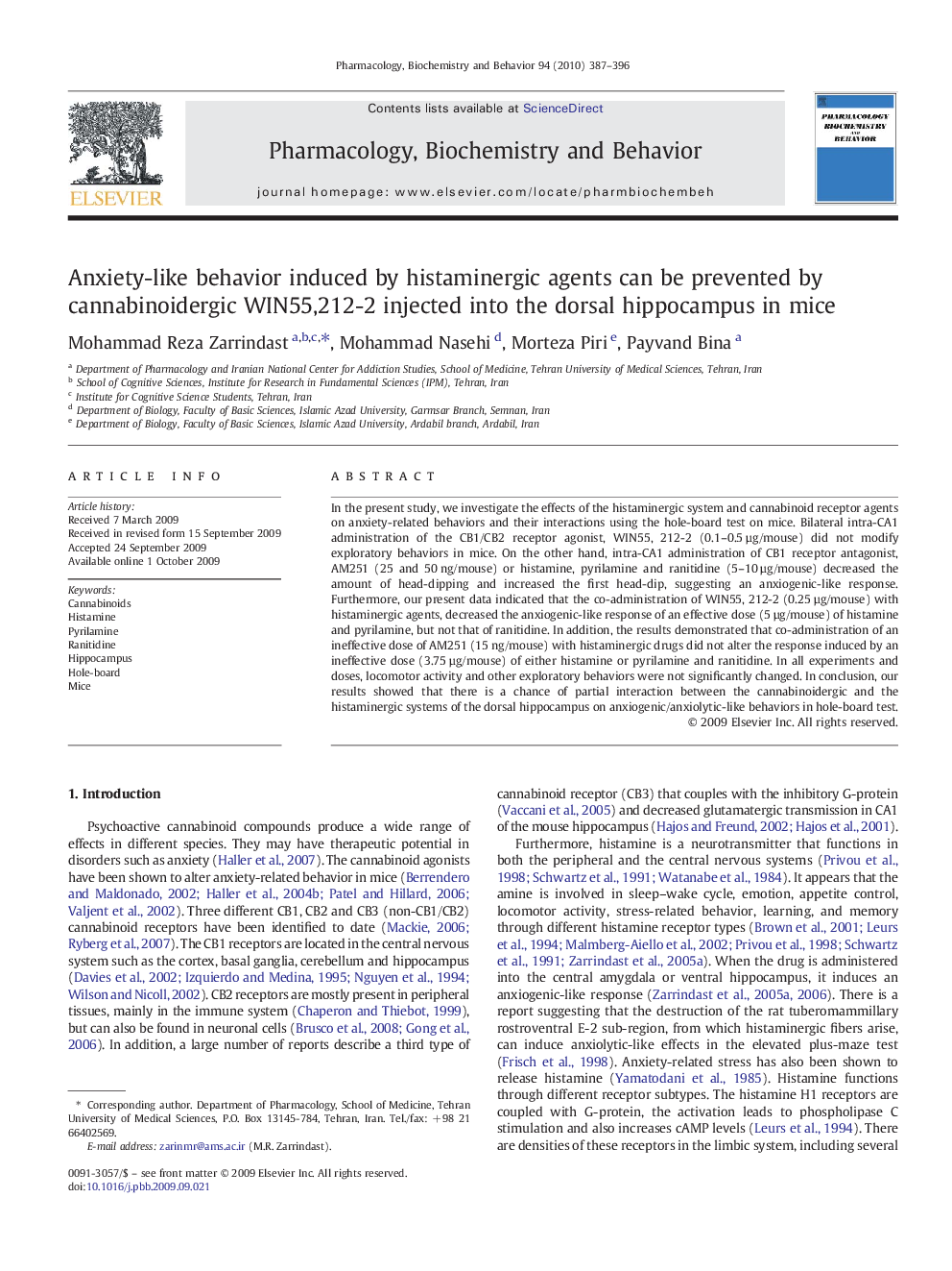 Anxiety-like behavior induced by histaminergic agents can be prevented by cannabinoidergic WIN55,212-2 injected into the dorsal hippocampus in mice