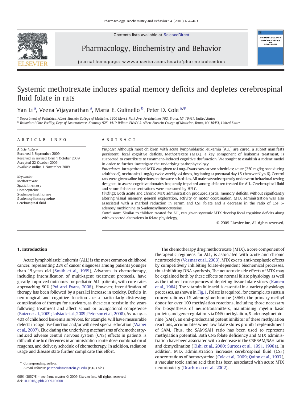 عکس صفحه اول مقاله: Systemic methotrexate induces spatial memory deficits and depletes cerebrospinal fluid folate in rats Systemic methotrexate induces spatial memory deficits and depletes cerebrospinal fluid folate in rats