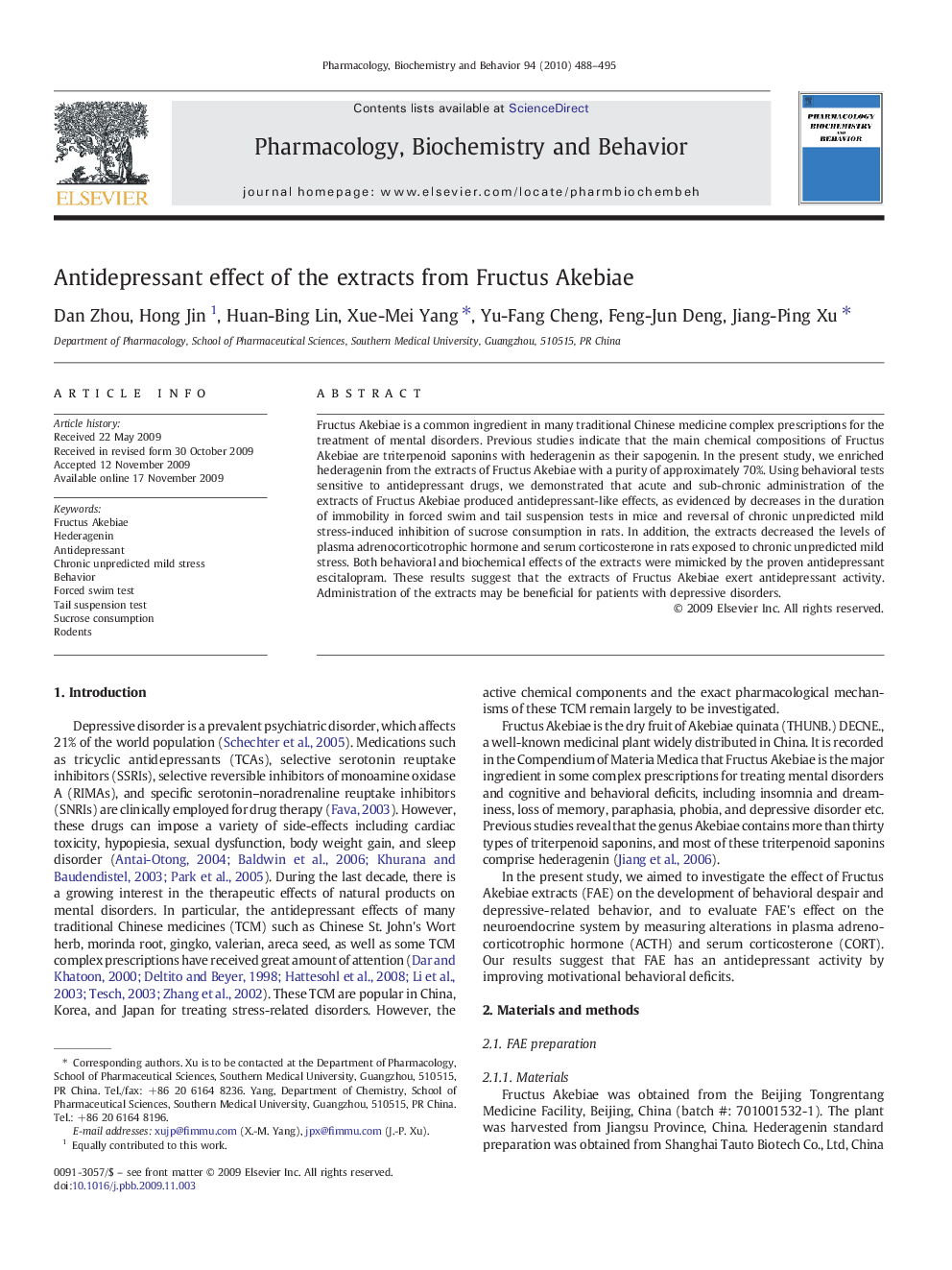 Antidepressant effect of the extracts from Fructus Akebiae