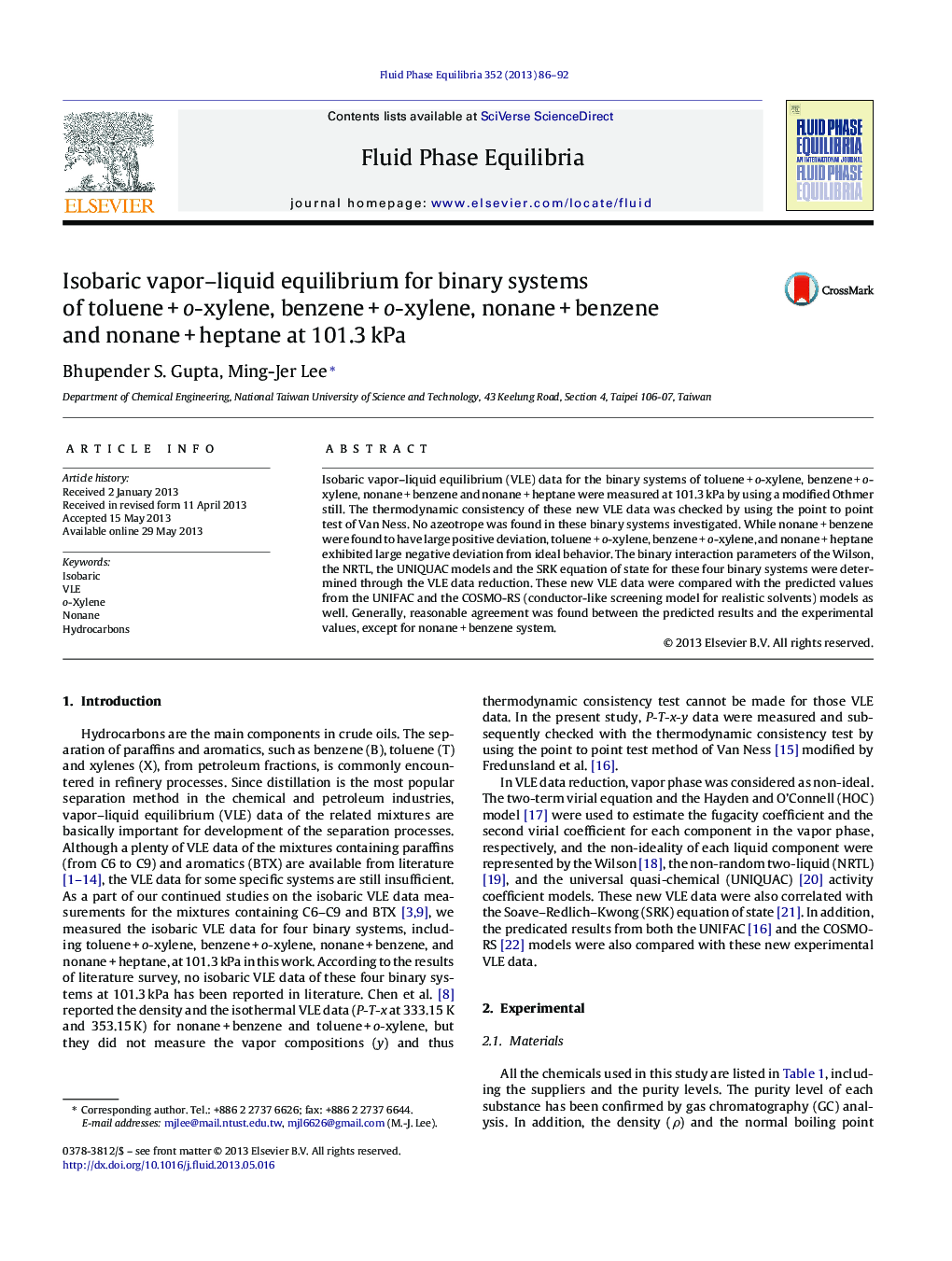 Isobaric vapor–liquid equilibrium for binary systems of toluene + o-xylene, benzene + o-xylene, nonane + benzene and nonane + heptane at 101.3 kPa