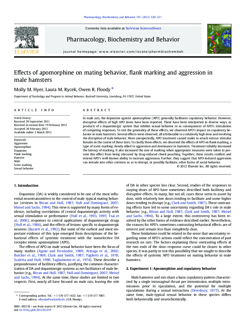 Effects of apomorphine on mating behavior, flank marking and aggression in male hamsters