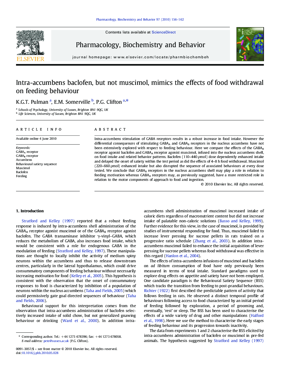 Intra-accumbens baclofen, but not muscimol, mimics the effects of food withdrawal on feeding behaviour