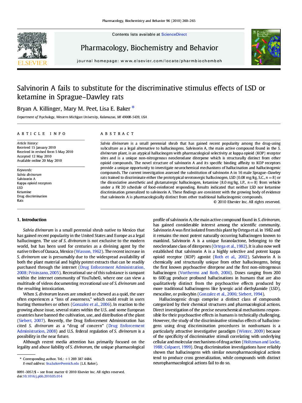 Salvinorin A fails to substitute for the discriminative stimulus effects of LSD or ketamine in Sprague-Dawley rats