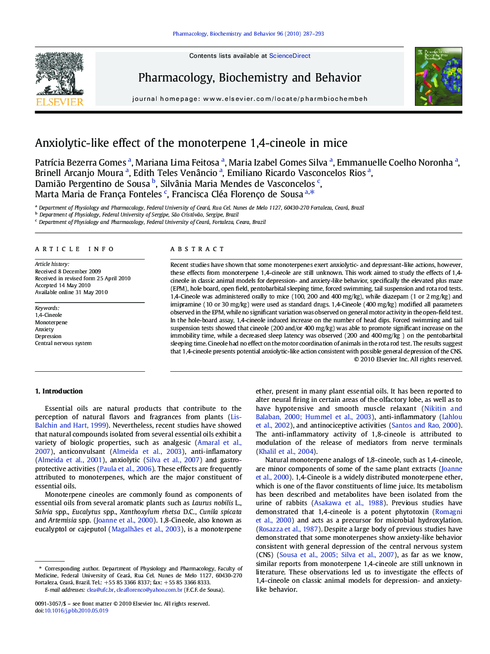 عکس صفحه اول مقاله: Anxiolytic-like effect of the monoterpene 1,4-cineole in mice Anxiolytic-like effect of the monoterpene 1,4-cineole in mice