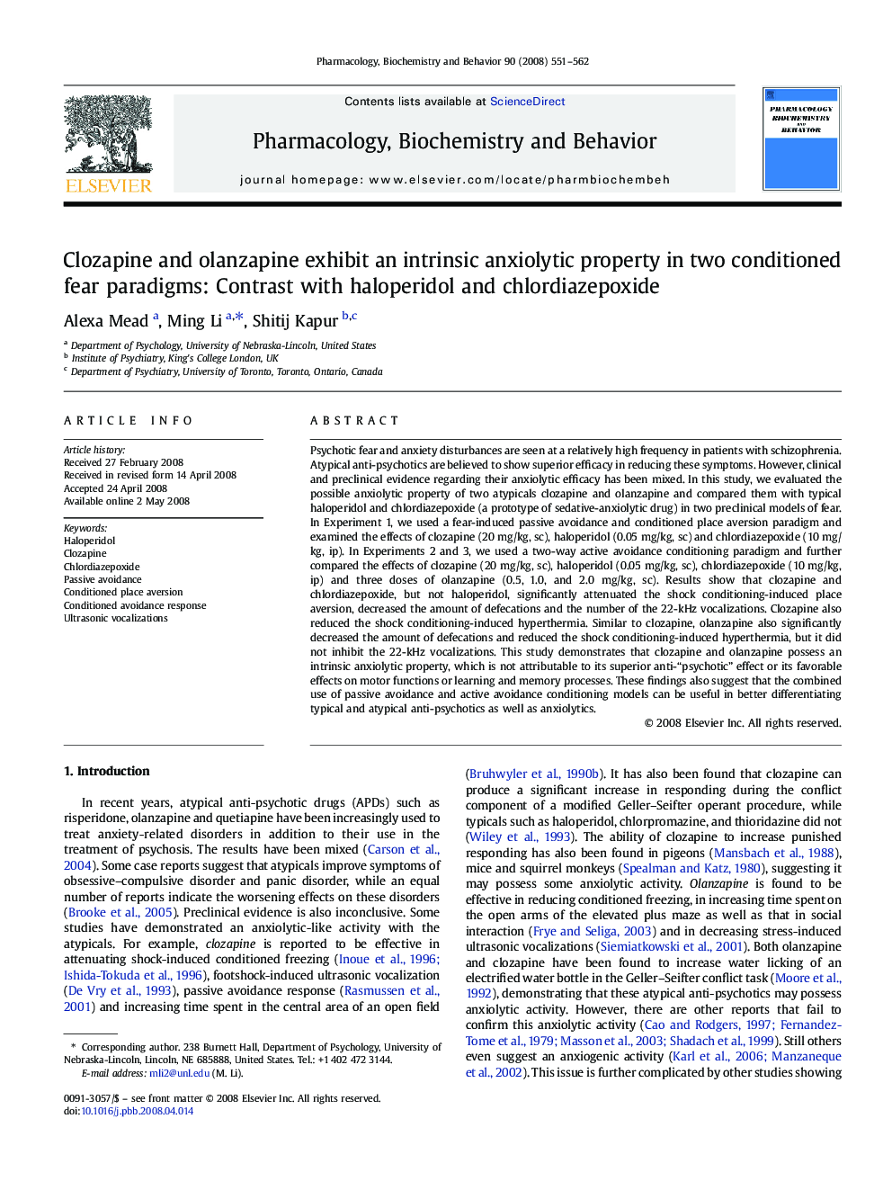 Clozapine and olanzapine exhibit an intrinsic anxiolytic property in two conditioned fear paradigms: Contrast with haloperidol and chlordiazepoxide