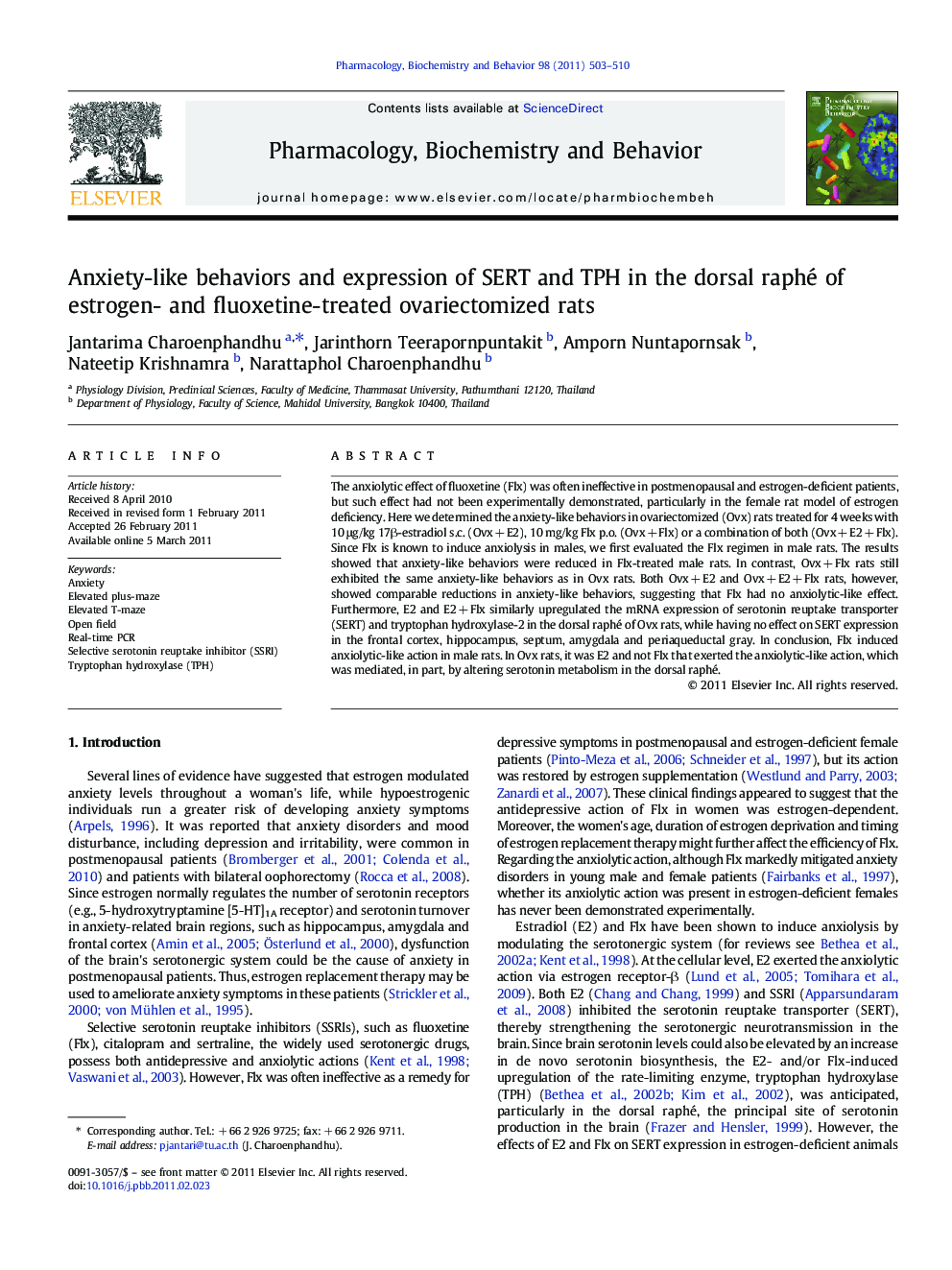 Anxiety-like behaviors and expression of SERT and TPH in the dorsal raphé of estrogen- and fluoxetine-treated ovariectomized rats