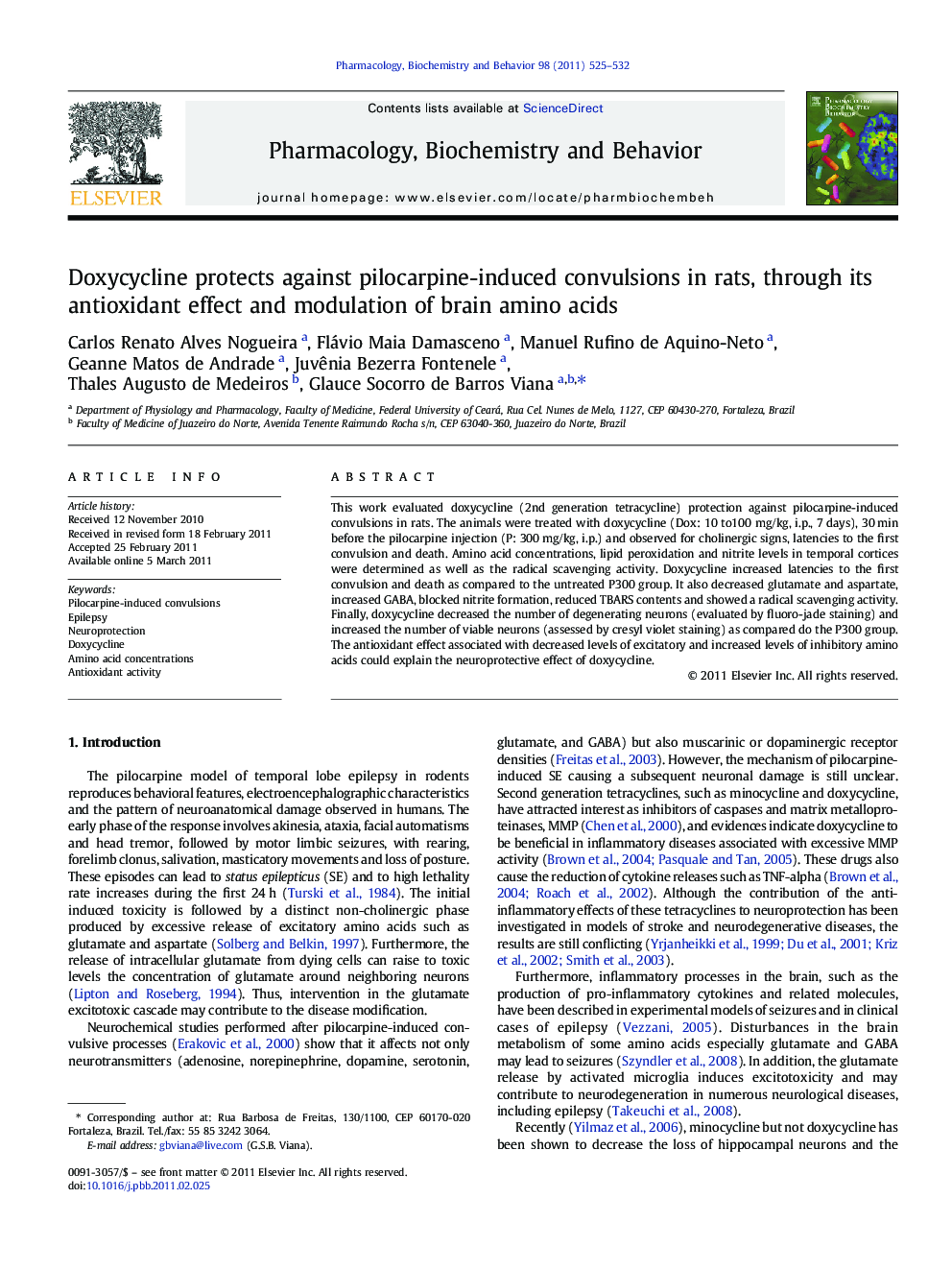 عکس صفحه اول مقاله: Doxycycline protects against pilocarpine-induced convulsions in rats, through its antioxidant effect and modulation of brain amino acids Doxycycline protects against pilocarpine-induced convulsions in rats, through its antioxidant effect and modulation of brain amino acids
