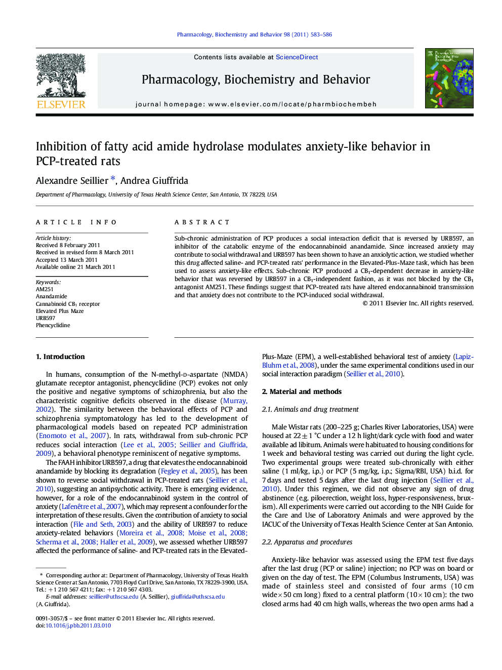 Inhibition of fatty acid amide hydrolase modulates anxiety-like behavior in PCP-treated rats