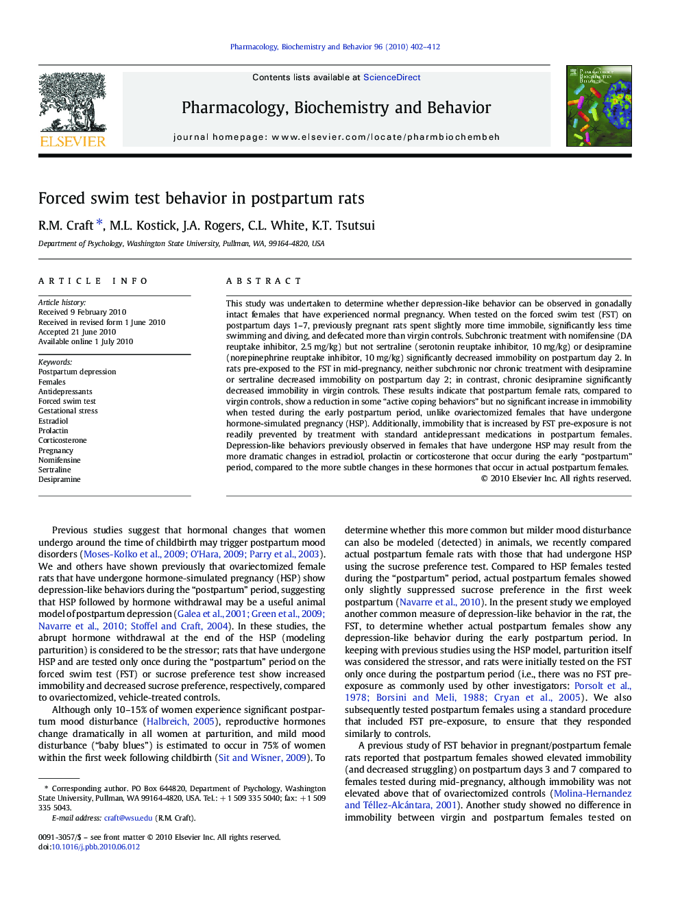 Forced swim test behavior in postpartum rats