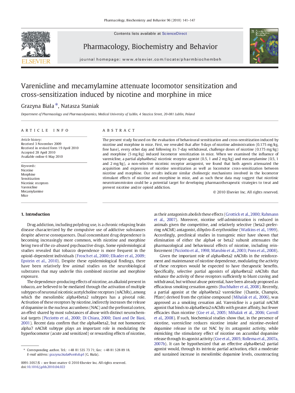عکس صفحه اول مقاله: Varenicline and mecamylamine attenuate locomotor sensitization and cross-sensitization induced by nicotine and morphine in mice Varenicline and mecamylamine attenuate locomotor sensitization and cross-sensitization induced by nicotine and morphine in mice