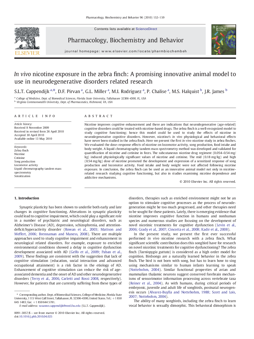 In vivo nicotine exposure in the zebra finch: A promising innovative animal model to use in neurodegenerative disorders related research