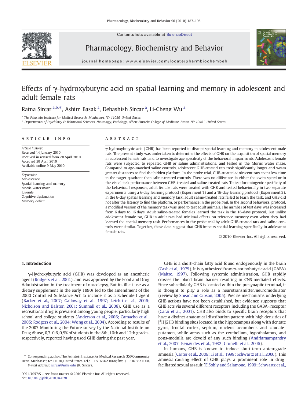 Effects of γ-hydroxybutyric acid on spatial learning and memory in adolescent and adult female rats