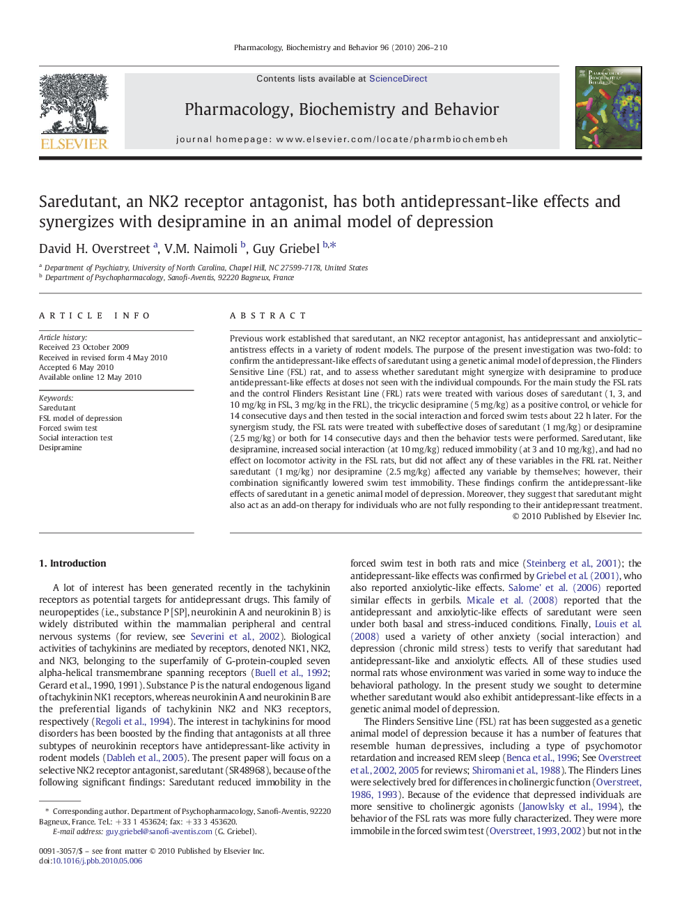 Saredutant, an NK2 receptor antagonist, has both antidepressant-like effects and synergizes with desipramine in an animal model of depression