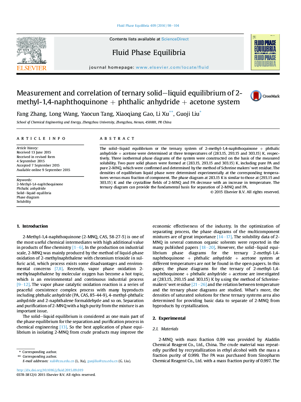 Measurement and correlation of ternary solid–liquid equilibrium of 2-methyl-1,4-naphthoquinone + phthalic anhydride + acetone system