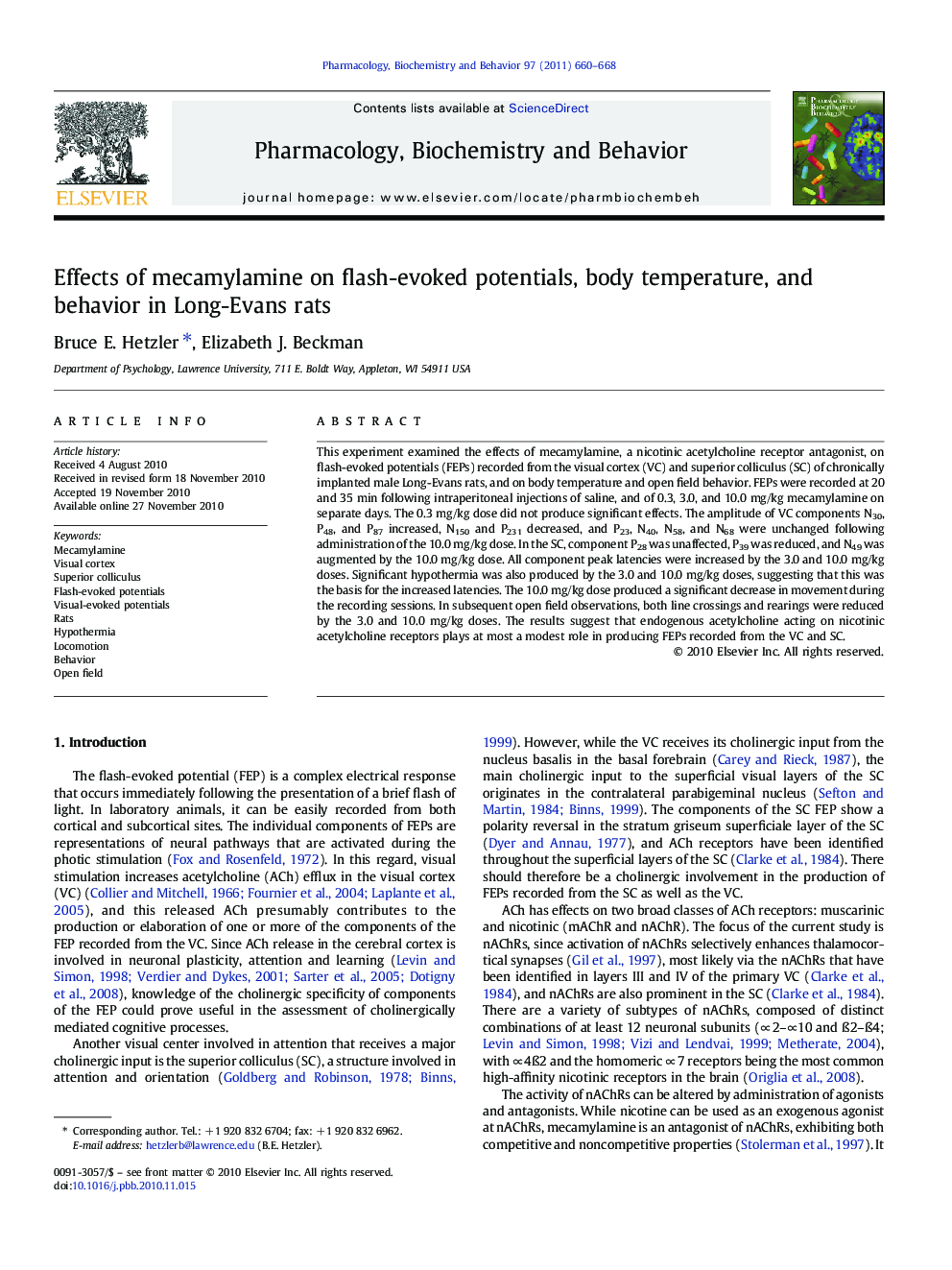 Effects of mecamylamine on flash-evoked potentials, body temperature, and behavior in Long-Evans rats