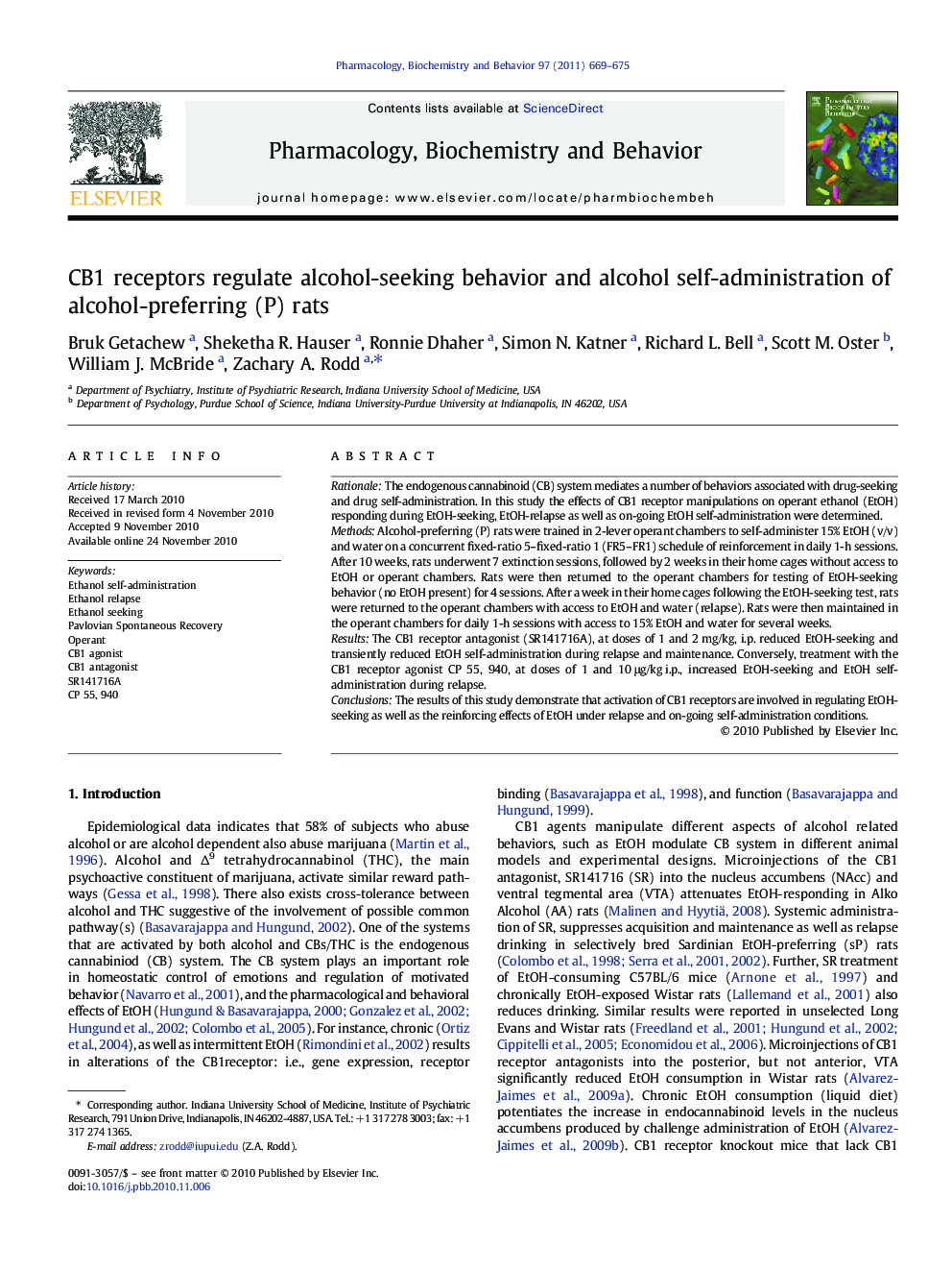 CB1 receptors regulate alcohol-seeking behavior and alcohol self-administration of alcohol-preferring (P) rats