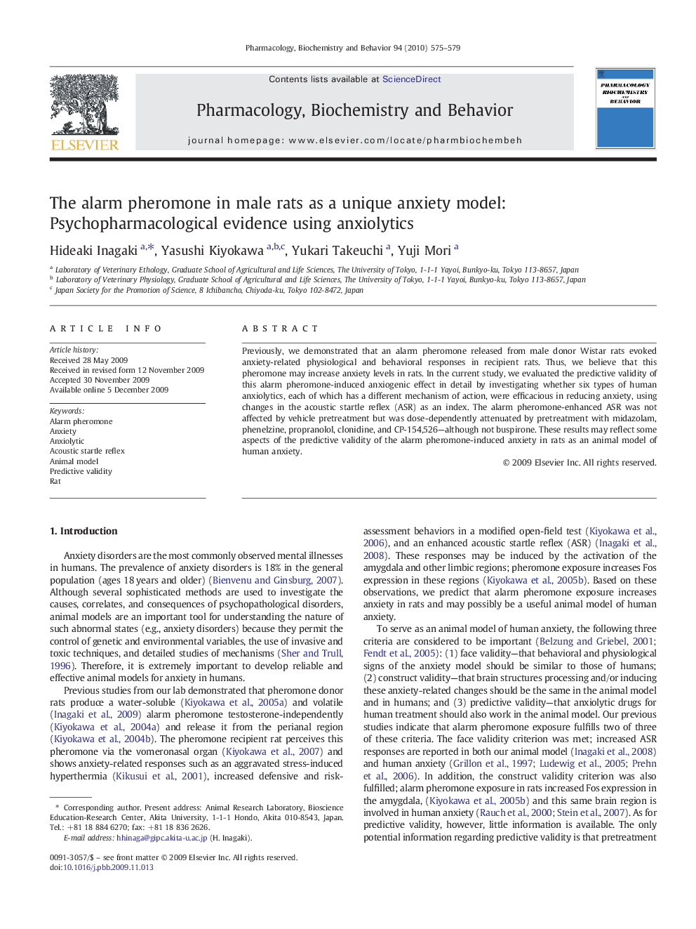 The alarm pheromone in male rats as a unique anxiety model: Psychopharmacological evidence using anxiolytics