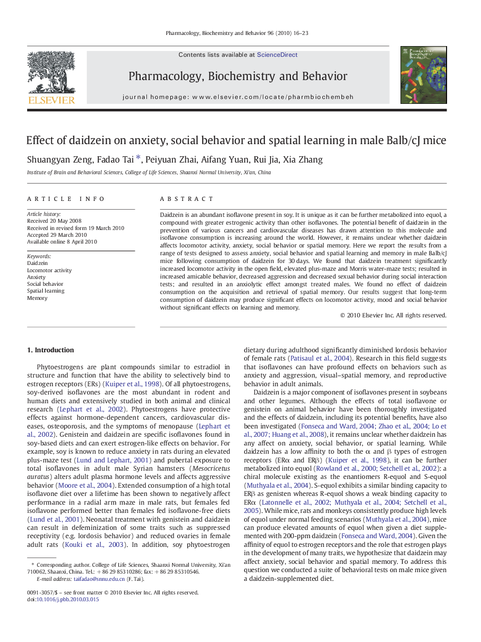 Effect of daidzein on anxiety, social behavior and spatial learning in male Balb/cJ mice