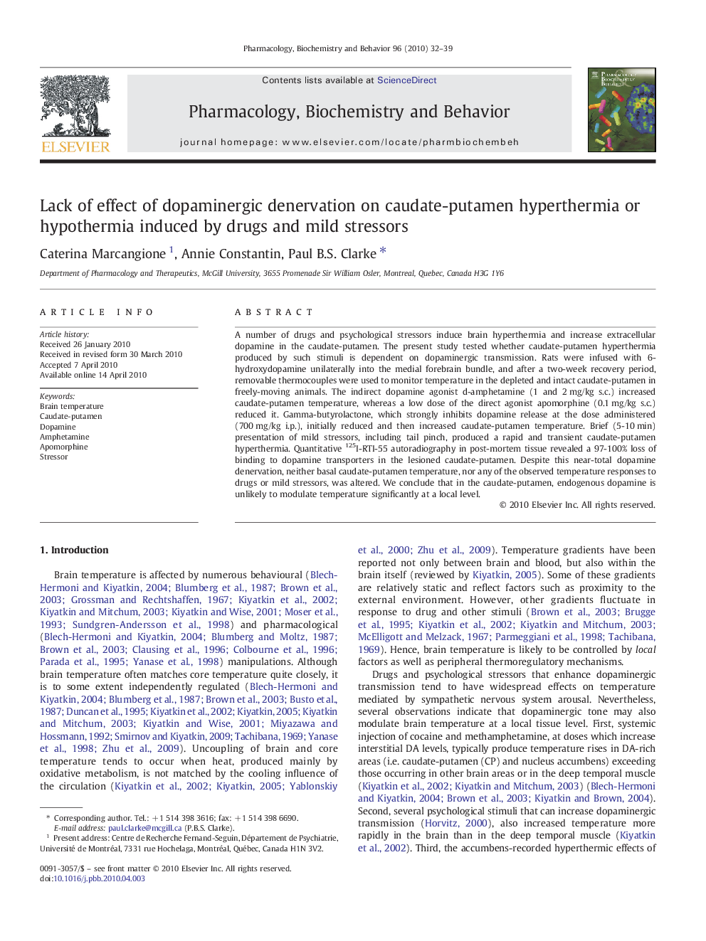 Lack of effect of dopaminergic denervation on caudate-putamen hyperthermia or hypothermia induced by drugs and mild stressors